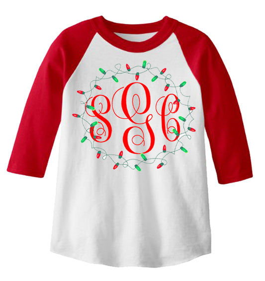 Christmas Lights Monogram - Red/White Raglan - Southern Grace Creations