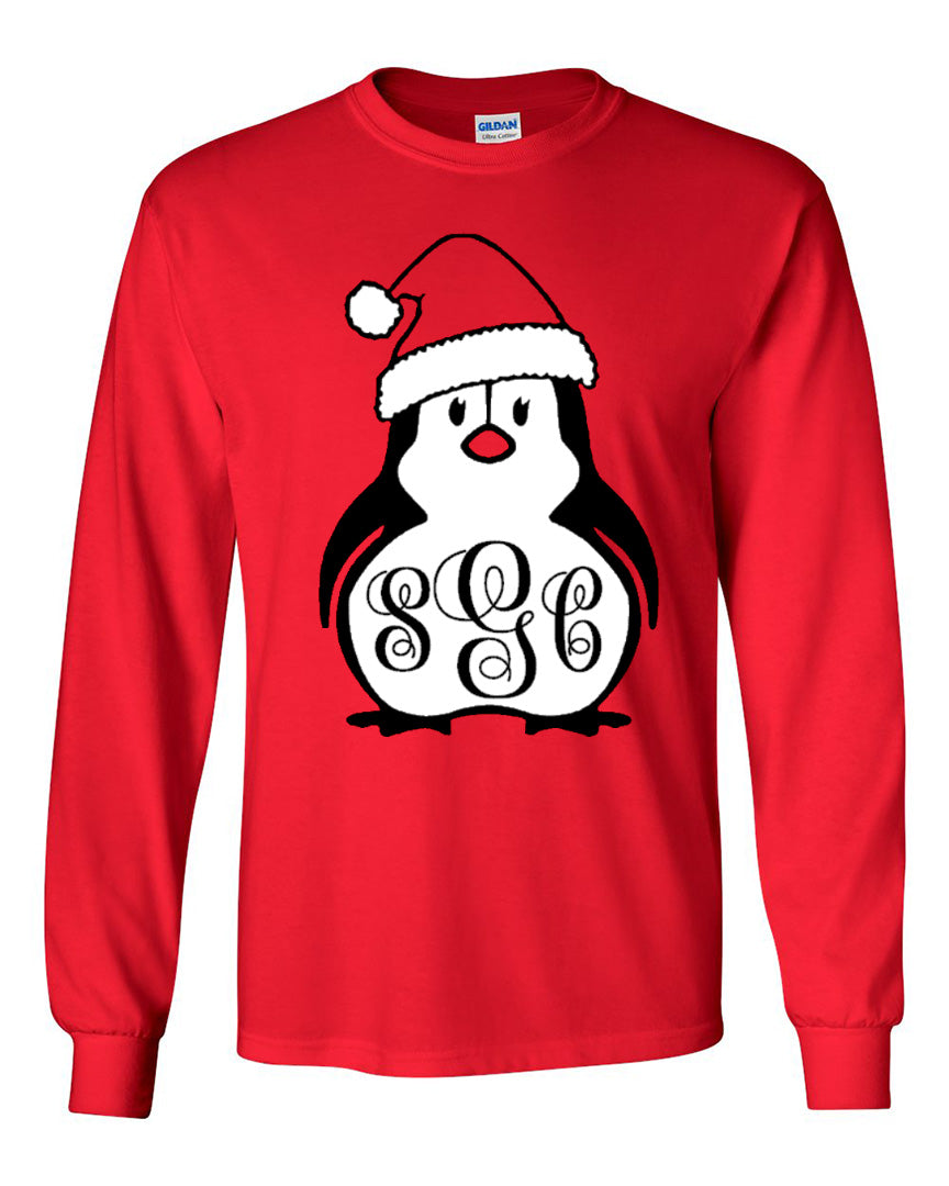 Christmas Penguin Monogram - Red Longsleeve Tee - Southern Grace Creations