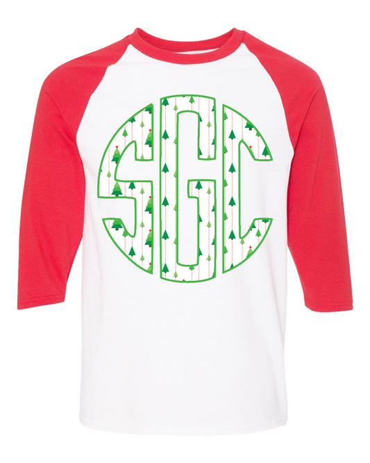 Christmas Tree Print Monogram White/Red Raglan - Southern Grace Creations