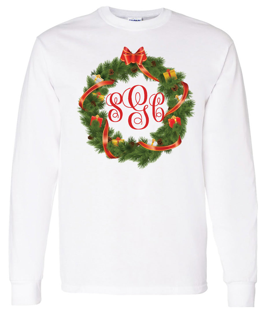 Christmas Wreath Monogram (Print) - White Longsleeve Tee - Southern Grace Creations