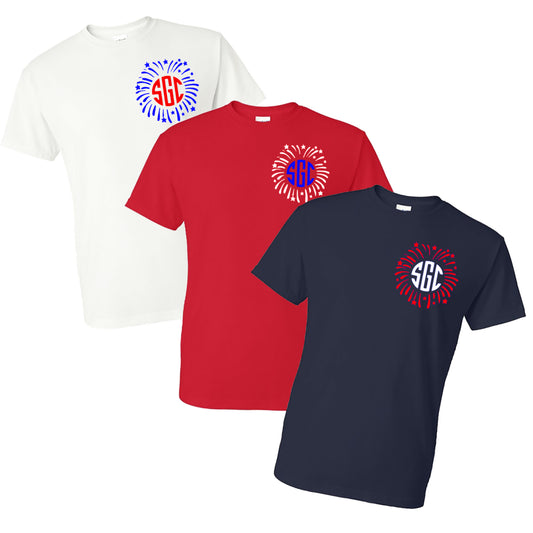 FIREWORKS MONOGRAM T-SHIRT (LEFT CHEST) - Southern Grace Creations