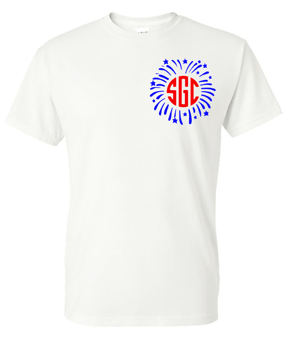 FIREWORKS MONOGRAM T-SHIRT (LEFT CHEST) - Southern Grace Creations