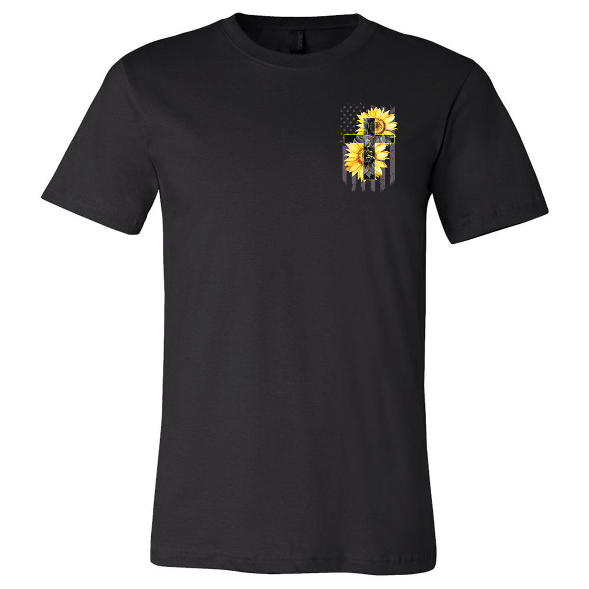 Faith Sunflowers Cross Flag - Black Short Sleeve Tee - Southern Grace Creations