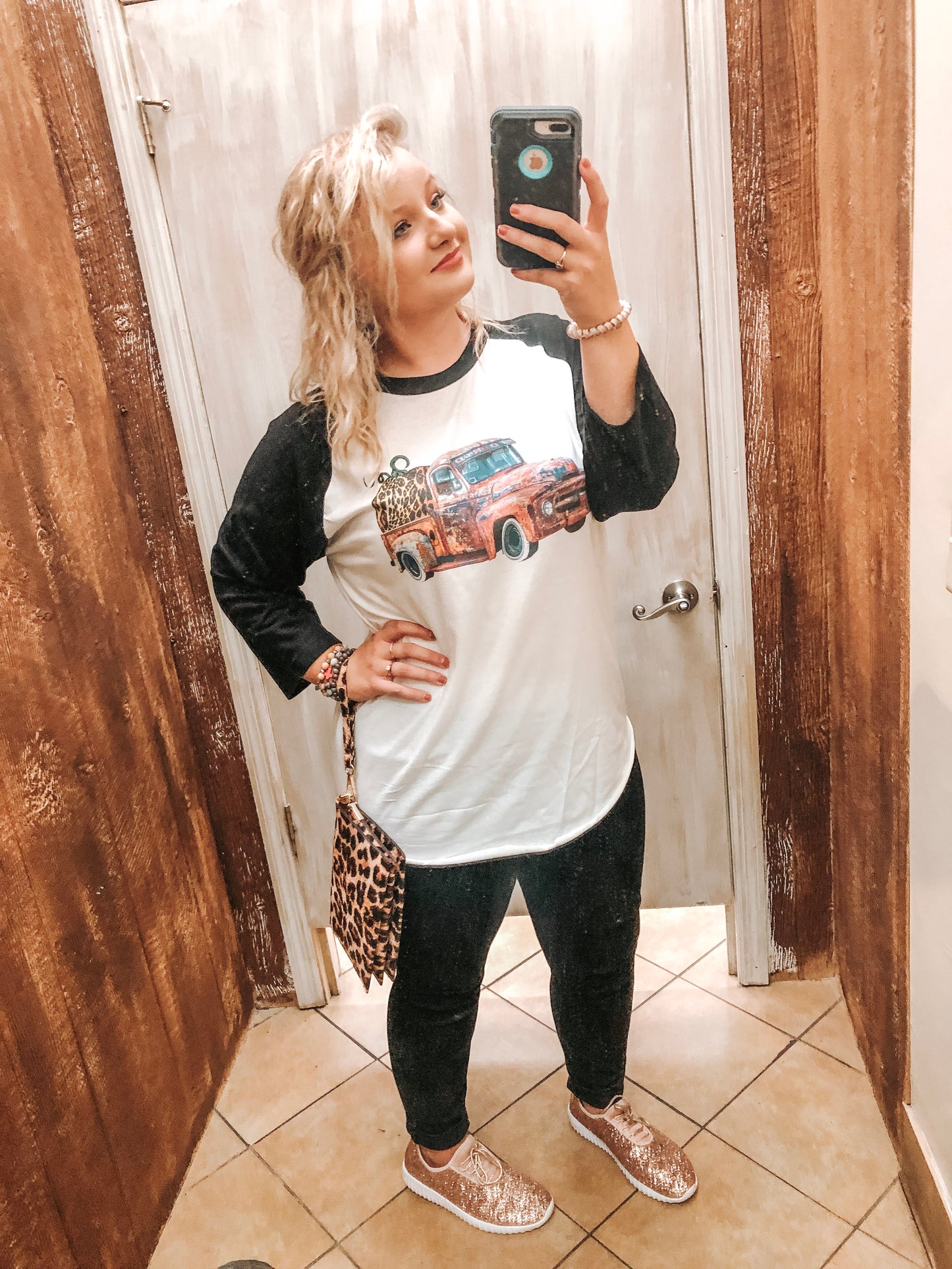 Fall Distressed Truck with Leopard Pumpkin - Black/White Raglan - Southern Grace Creations