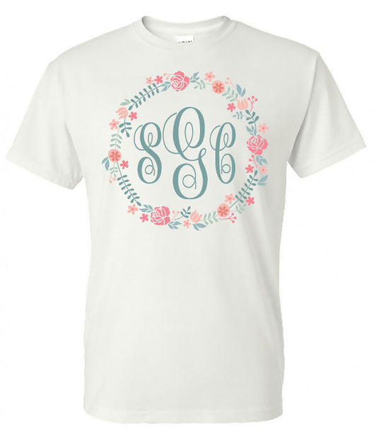 Flower Circle Frame Monogram - White Short Sleeve Tee - Southern Grace Creations