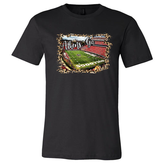 Georgia Bulldogs Football Field Leopard Border - Black Tee - Southern Grace Creations