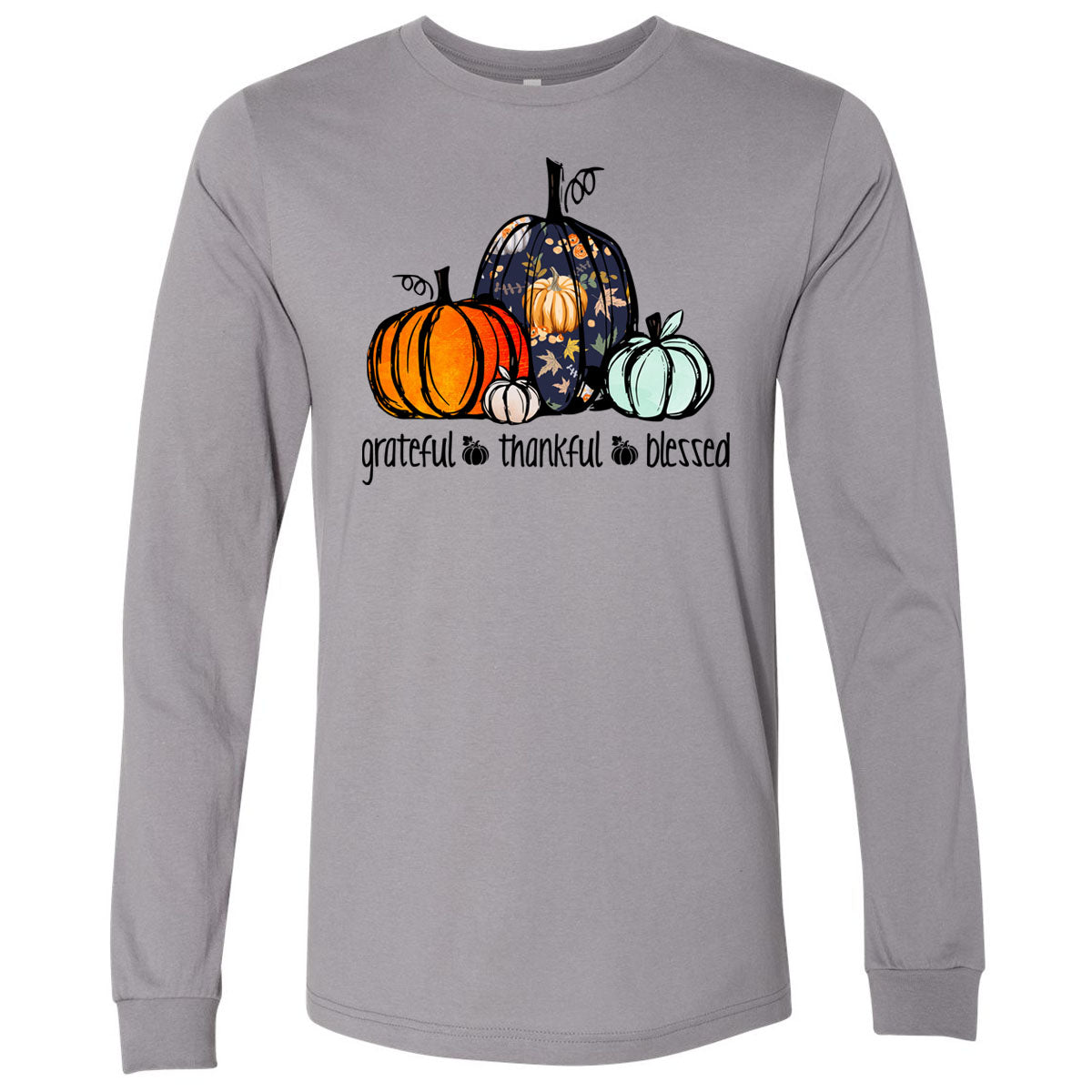 Grateful Thankful Blessed Patterned Pumpkin - Storm Tee - Southern Grace Creations