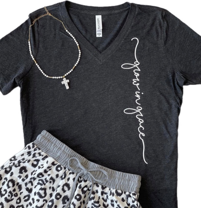 Grow In Grace SHIRT ONLY (Black Ladies Cut V-neck) - Southern Grace Creations