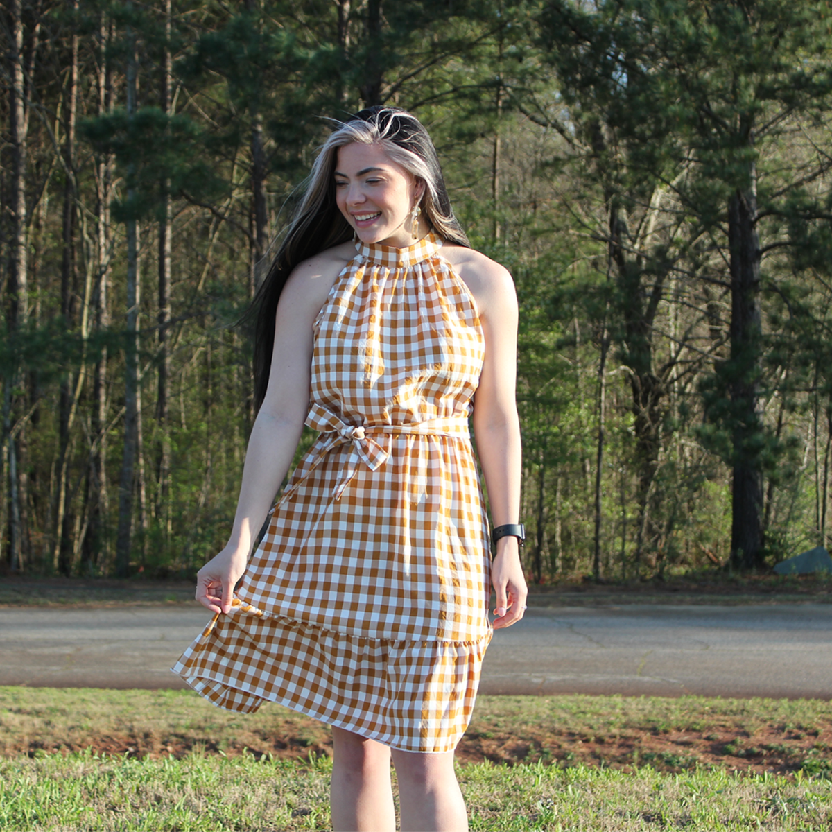 Halter Sleeveless Plaid Midi Dress Khaki Large Halter Sleeveless Plaid Midi Dress Khaki Large