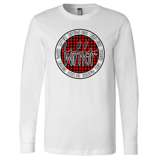 Hello Winter Buffalo Plaid Circle - White (Tee/Hoodie/Sweatshirt) - Southern Grace Creations