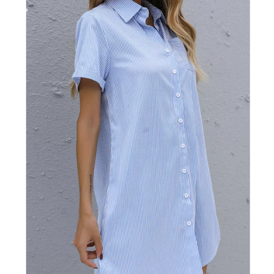 In the Sunlight -Striped Lapel Shirt Dress With Pocket - Southern Grace Creations