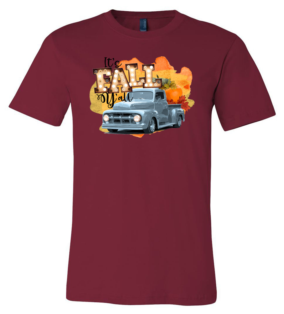 It's Fall Y'all Blue Truck - Cardinal Short/Long Sleeve Tee - Southern Grace Creations