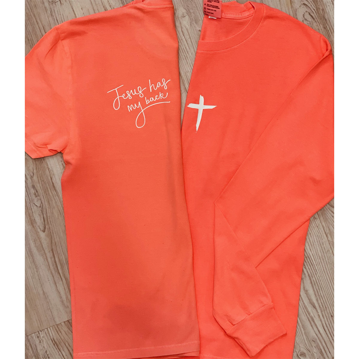 Jesus Has My Back - Neon Coral Beach Wash Tee - Southern Grace Creations