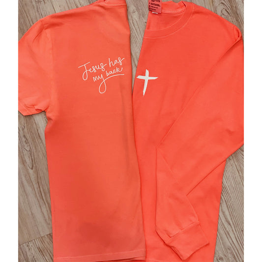 Jesus Has My Back - Neon Coral Beach Wash Tee - Southern Grace Creations