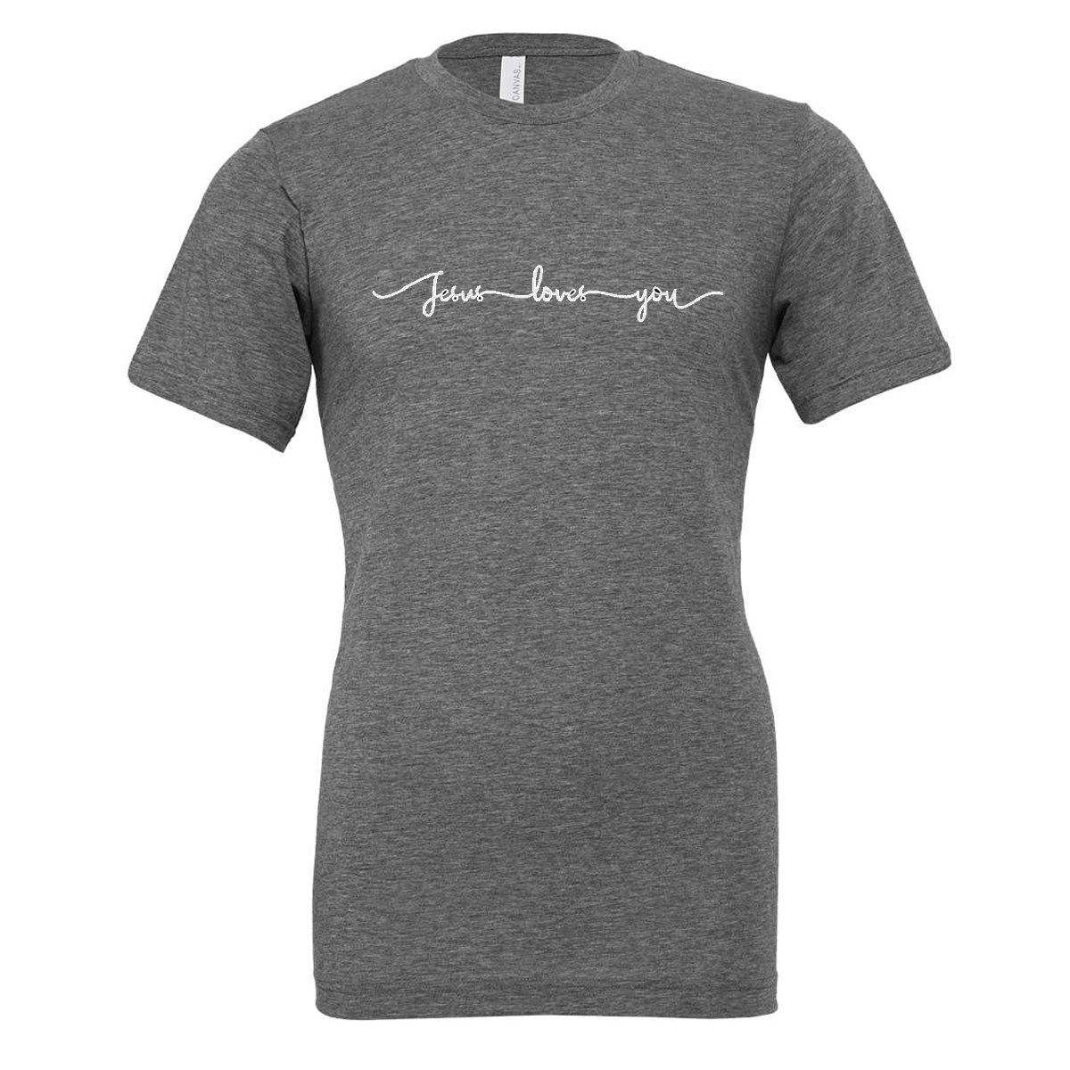 Jesus Loves You Script - Heather Asphalt Short Sleeves Tee - Southern Grace Creations