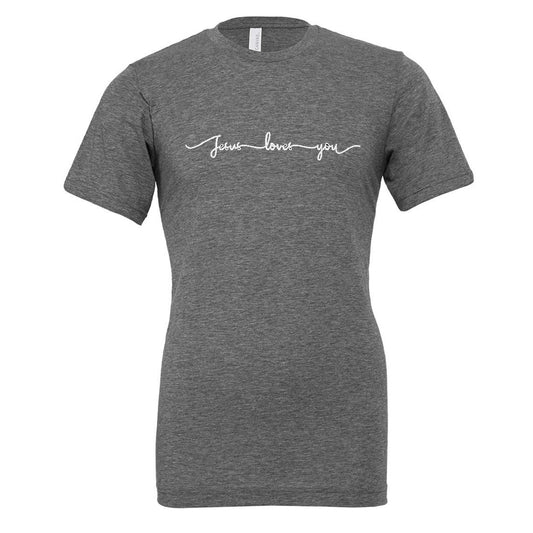 Jesus Loves You Script - Heather Asphalt Short Sleeves Tee - Southern Grace Creations