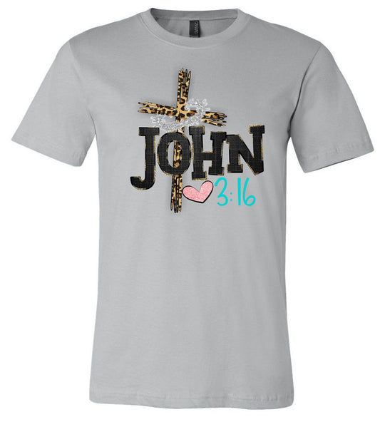 John 3:16 Leopard Cross - Silver Tee - Southern Grace Creations