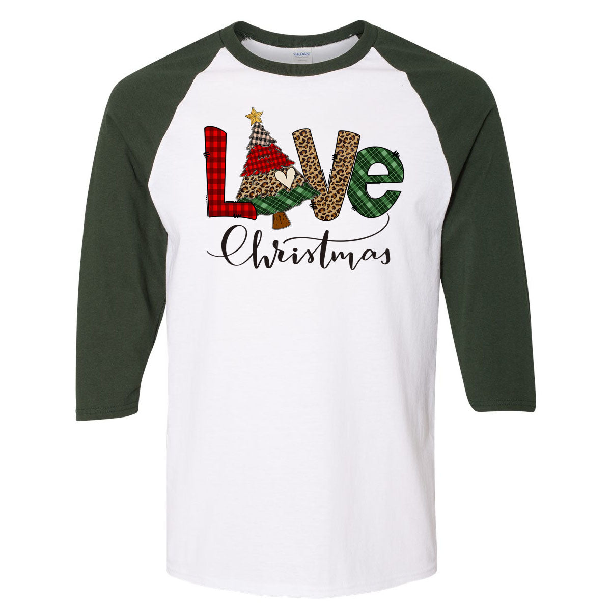 LOVE Christmas Leopard Plaid - White/Dark Green Raglan - Southern Grace Creations