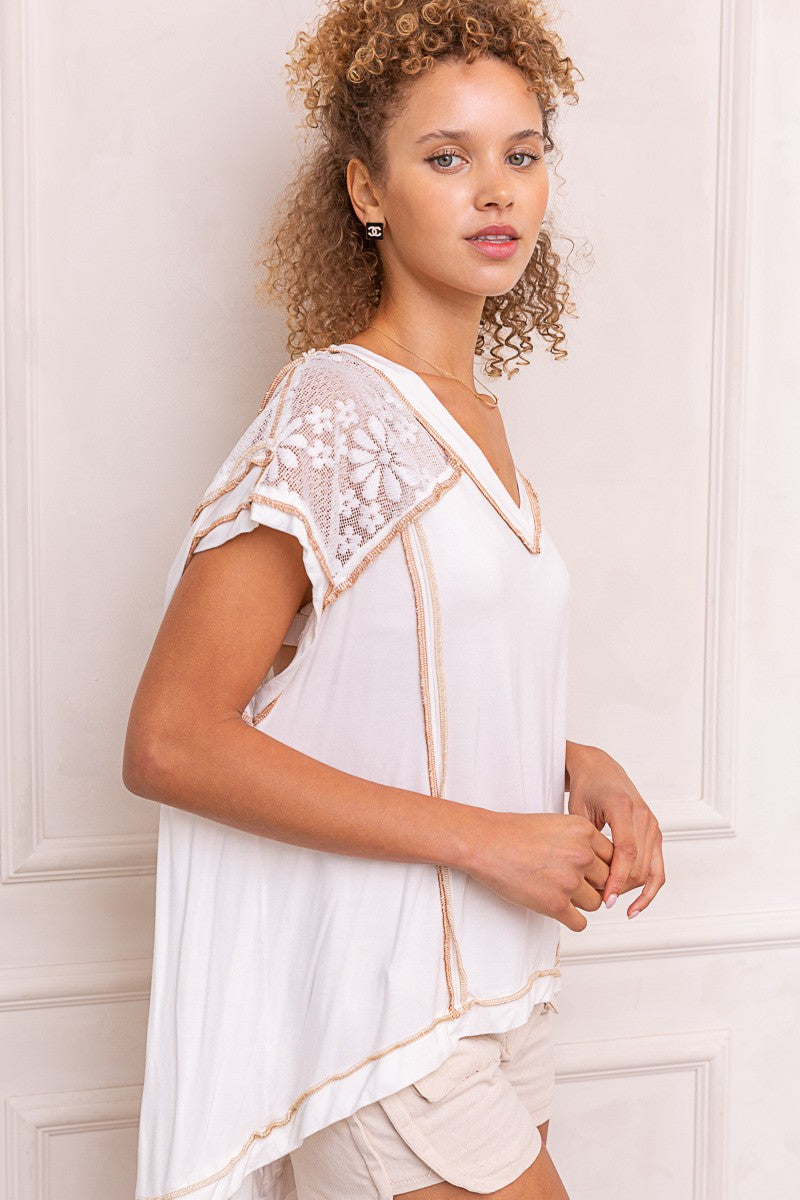 Lace detailed V-neck Knit Top - Ivory - Southern Grace Creations