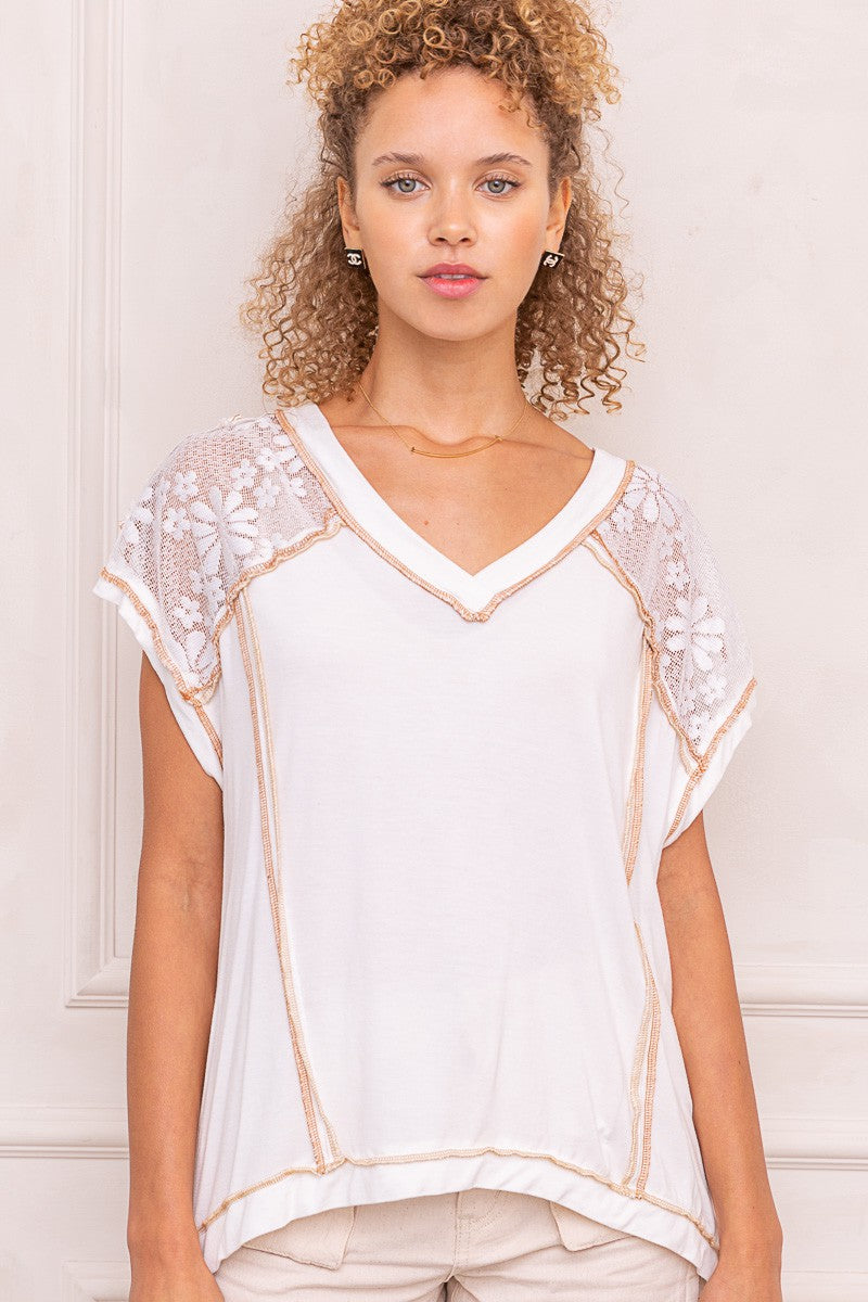 Lace detailed V-neck Knit Top - Ivory - Southern Grace Creations