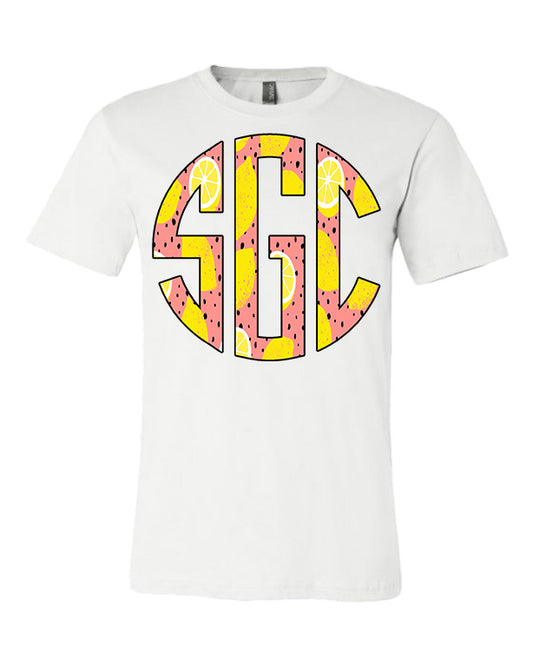 Lemon Print Monogram - White Tee - Southern Grace Creations