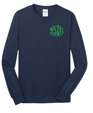 Long Sleeve Tee with left chest embroidered Monogram - Southern Grace Creations