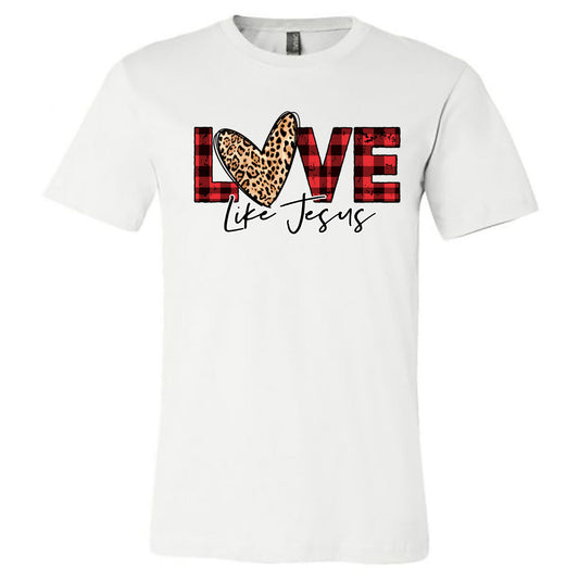 Love Like Jesus - Buffalo Plaid - White Short-Sleeve Tee - Southern Grace Creations