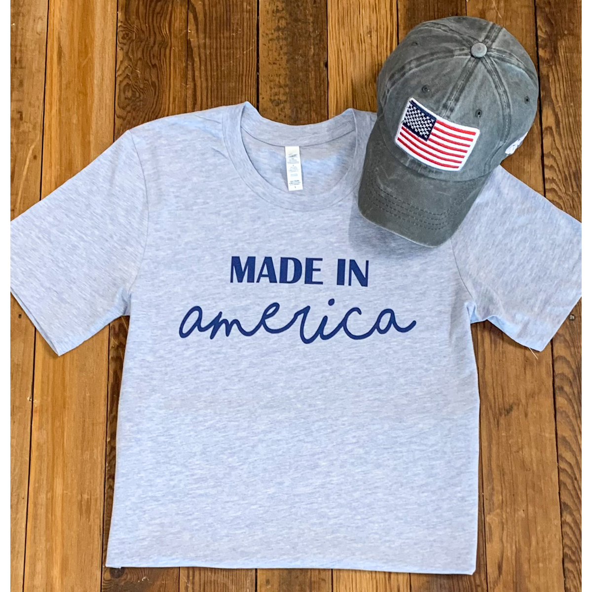 Made in America (American Flag Hat/ Heather Prism Blue Tee) - Southern Grace Creations