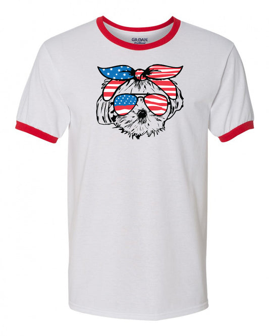 Maltese with Flag Bandana & Glasses Tee - Southern Grace Creations