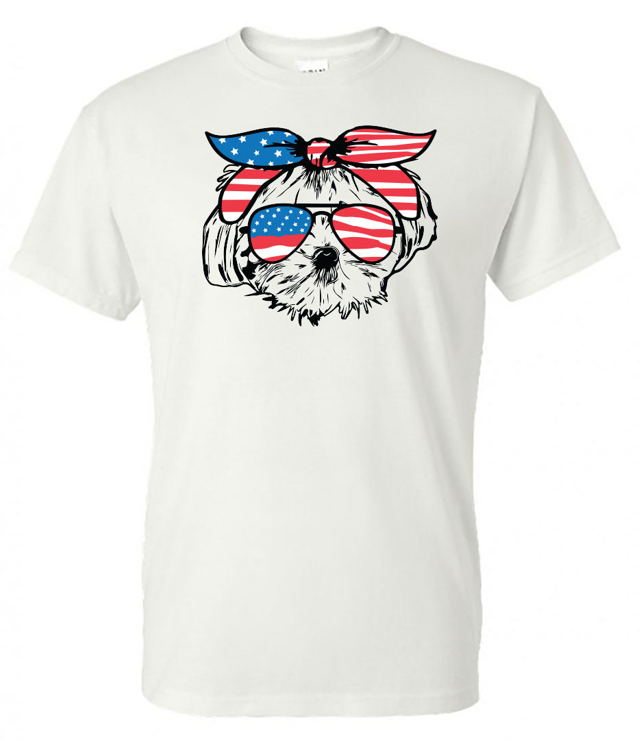 Maltese with Flag Bandana & Glasses Tee - Southern Grace Creations