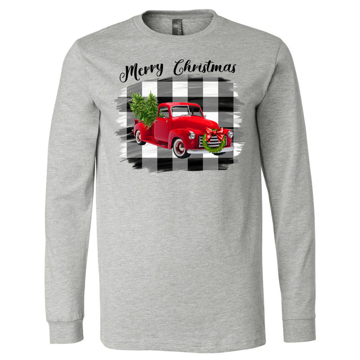 Merry Christmas Red Truck Black White Plaid Background Tee - Southern Grace Creations
