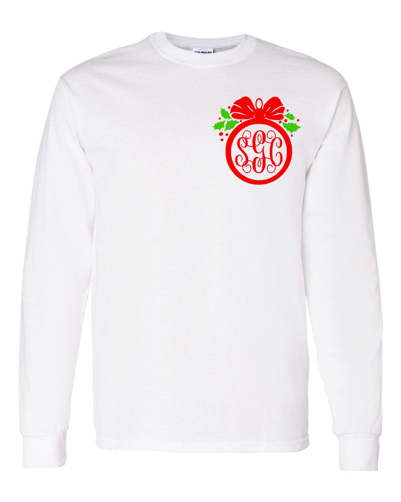 Mistletoe Ornament Monogram Tee - White Longsleeves - Southern Grace Creations
