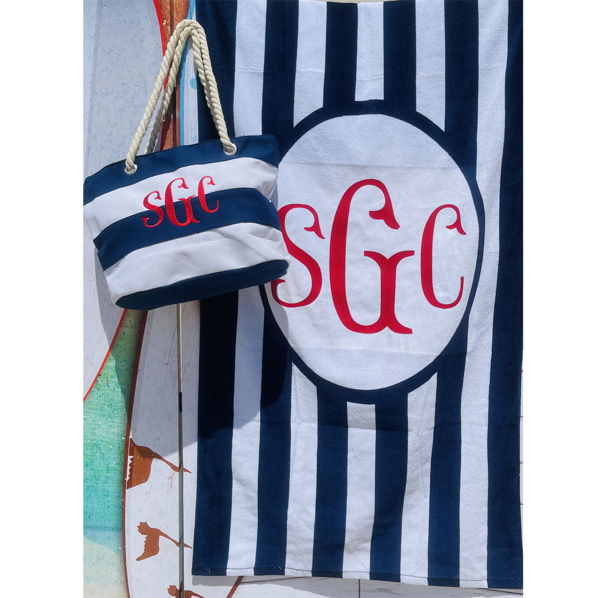 Monogrammed Stripe Beach Towel - Navy/White - Southern Grace Creations