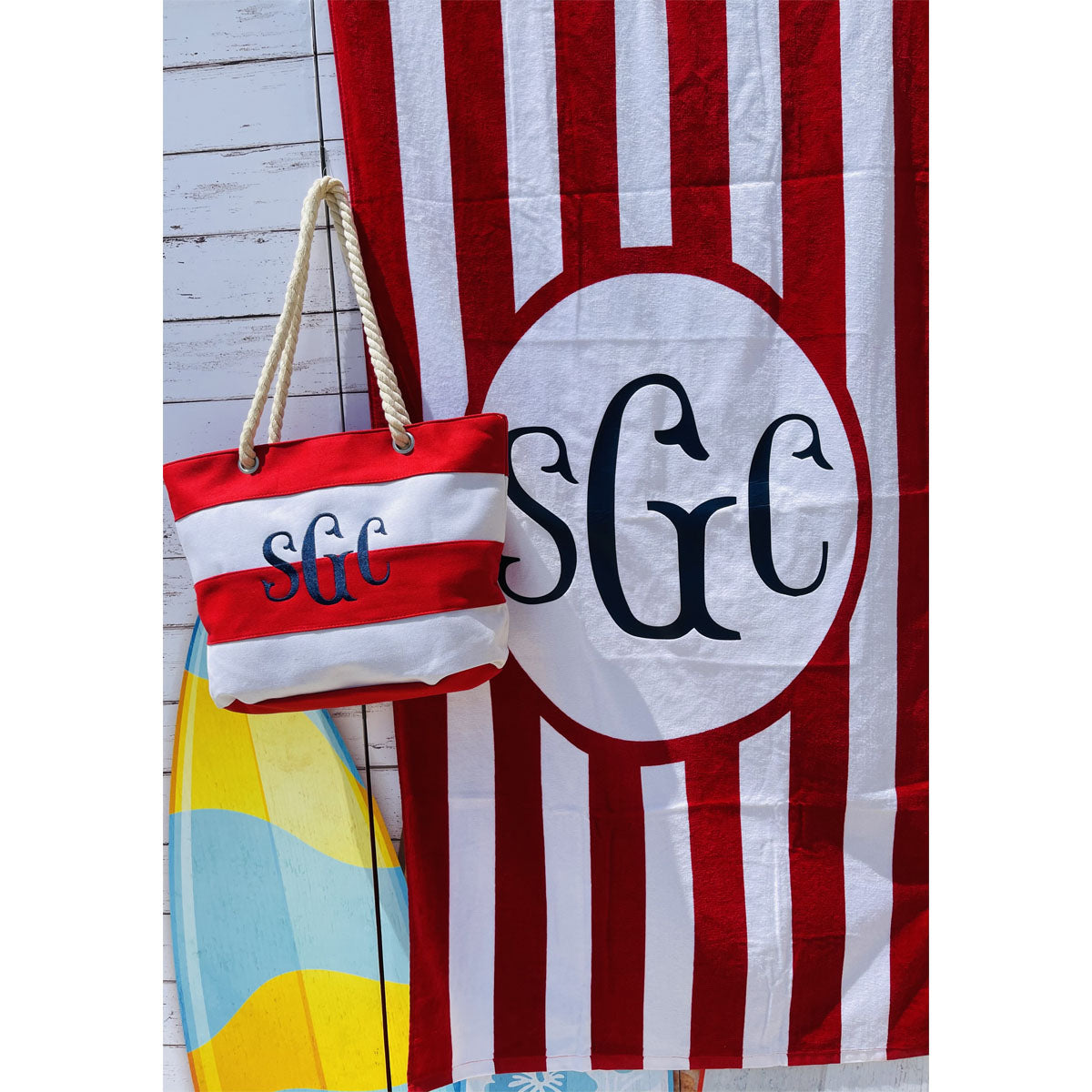 Monogrammed Stripe Beach Towel - Red/White - Southern Grace Creations