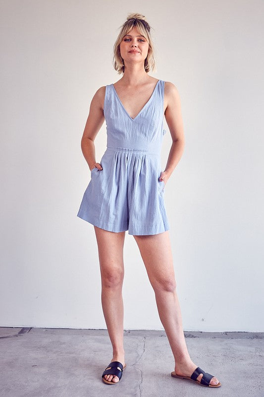 Open Back Pleated Detail Romper - Misty Blue - Southern Grace Creations