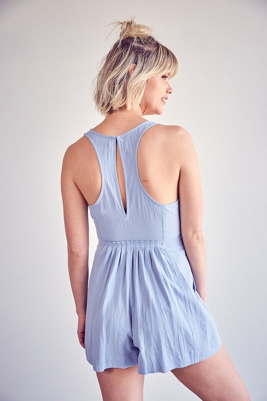 Open Back Pleated Detail Romper - Misty Blue - Southern Grace Creations