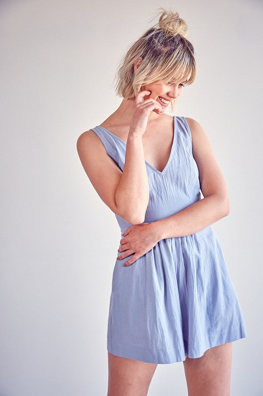 Open Back Pleated Detail Romper - Misty Blue - Southern Grace Creations