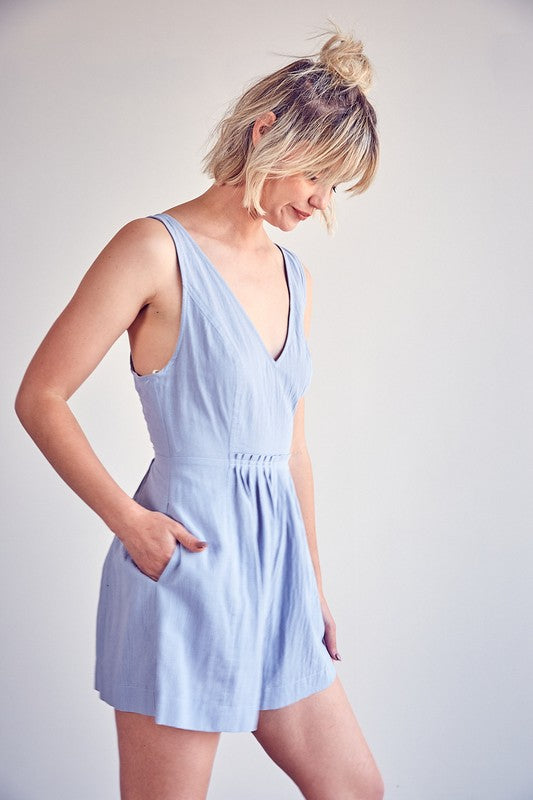 Open Back Pleated Detail Romper - Misty Blue - Southern Grace Creations