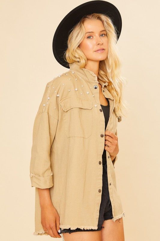 PEARL DETAIL BUTTONS DOWN COTTON SHIRT JACKET - Southern Grace Creations