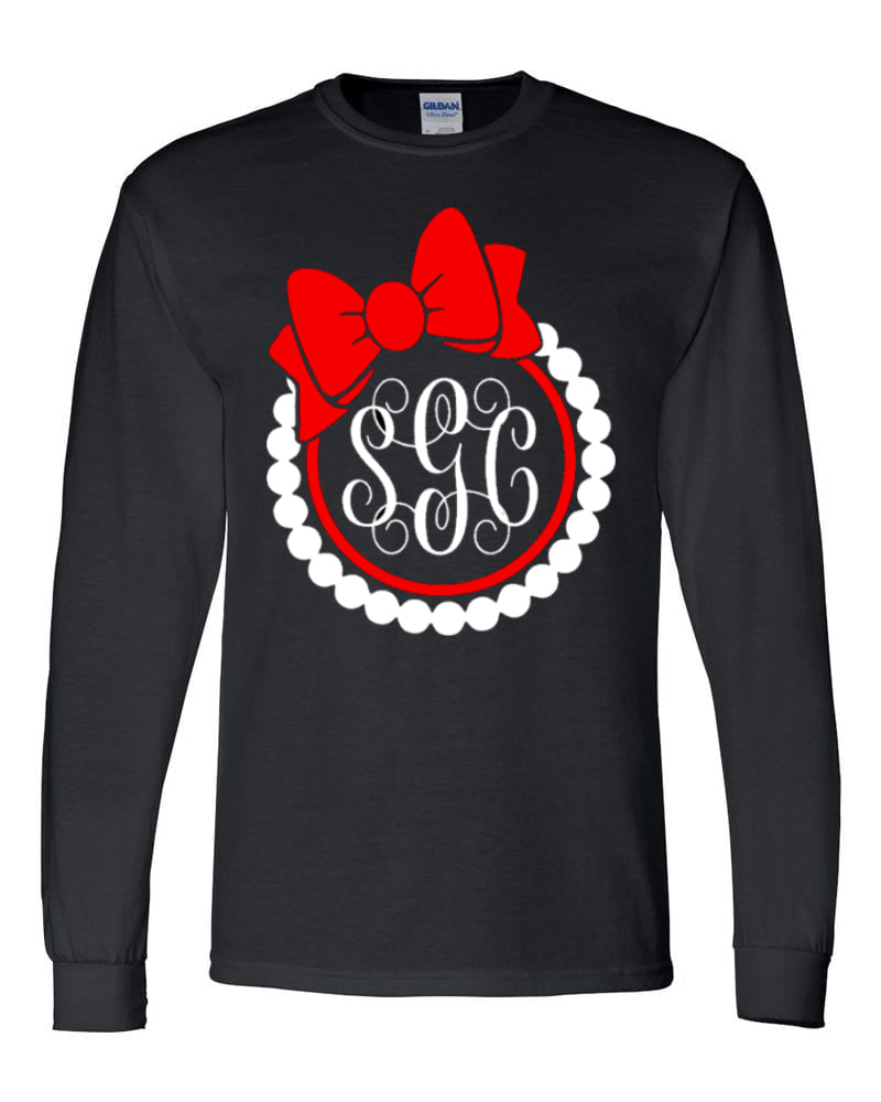 Pearls and Bow Monogram - Black Tee - Southern Grace Creations