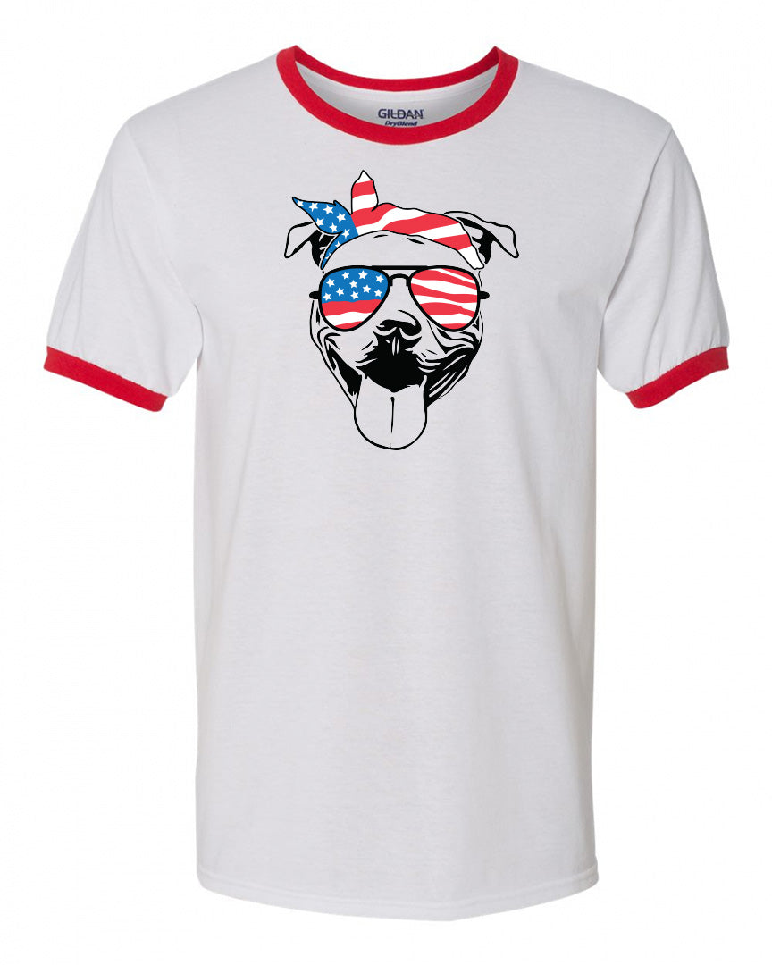 Pitbull with Flag Bandana & Glasses Tee - Southern Grace Creations