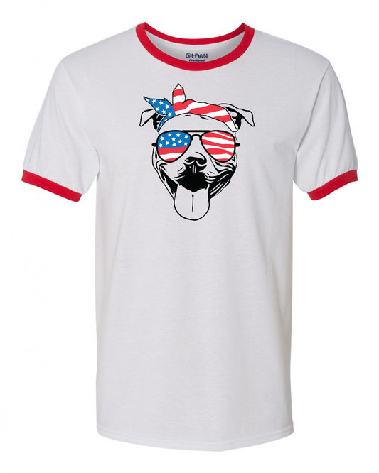 Pitbull with Flag Bandana & Glasses Tee - Southern Grace Creations
