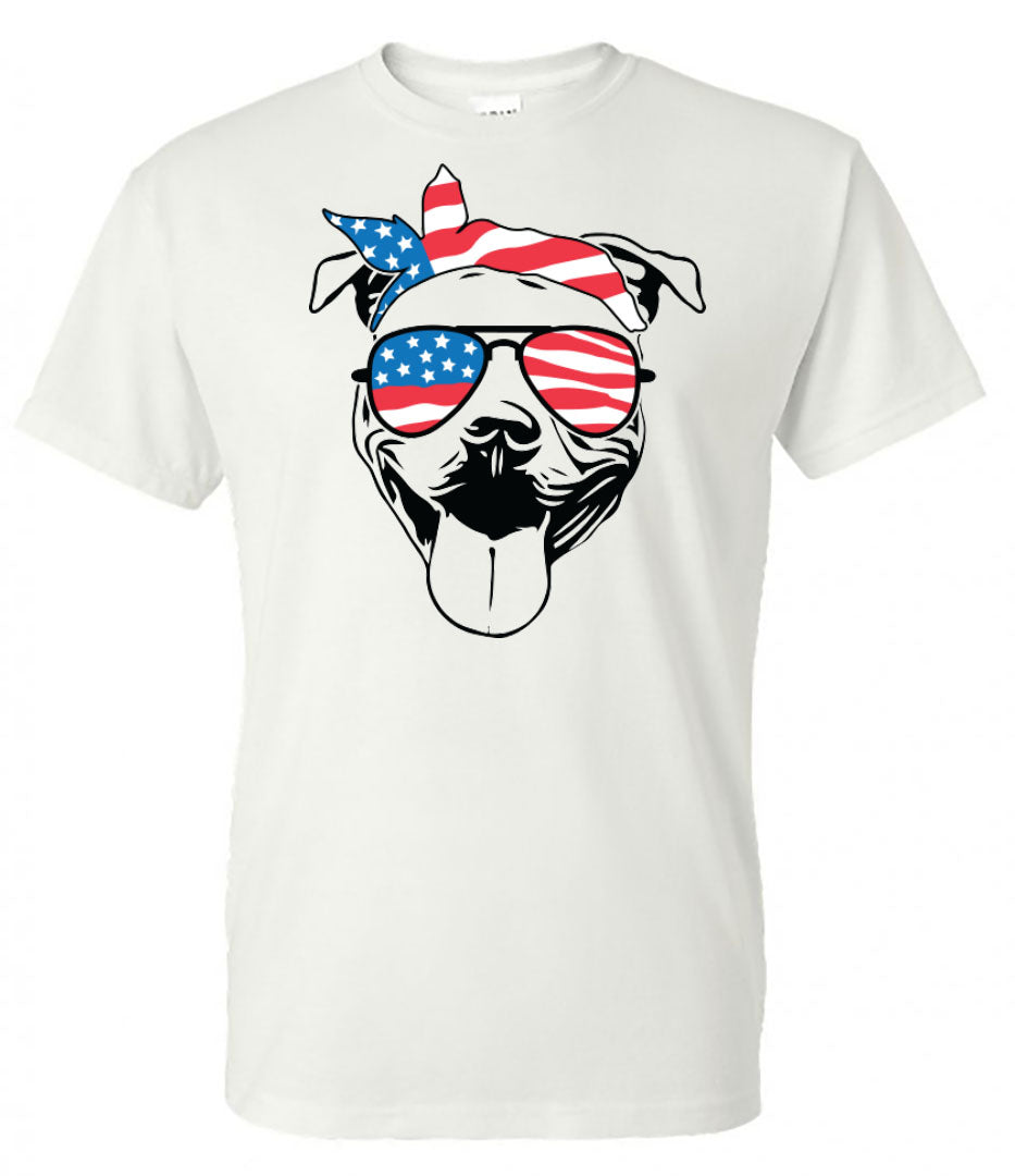 Pitbull with Flag Bandana & Glasses Tee - Southern Grace Creations