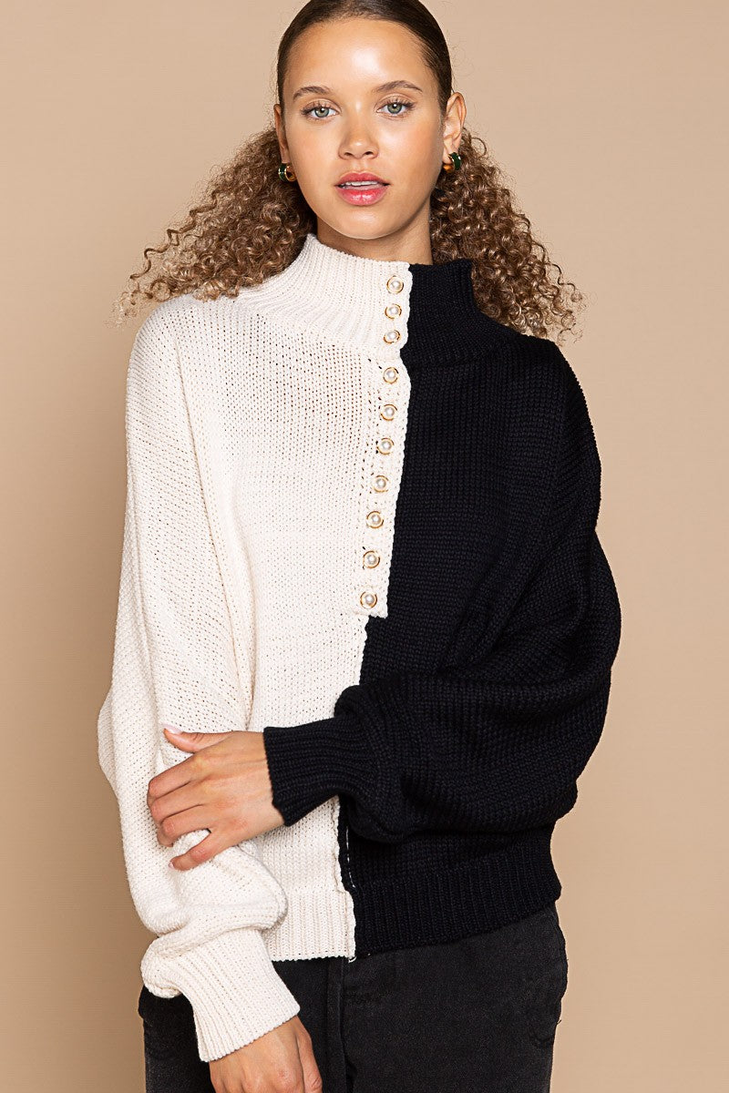 Pretty in Pearl Colorblock Sweater - Almond/Black - Southern Grace Creations