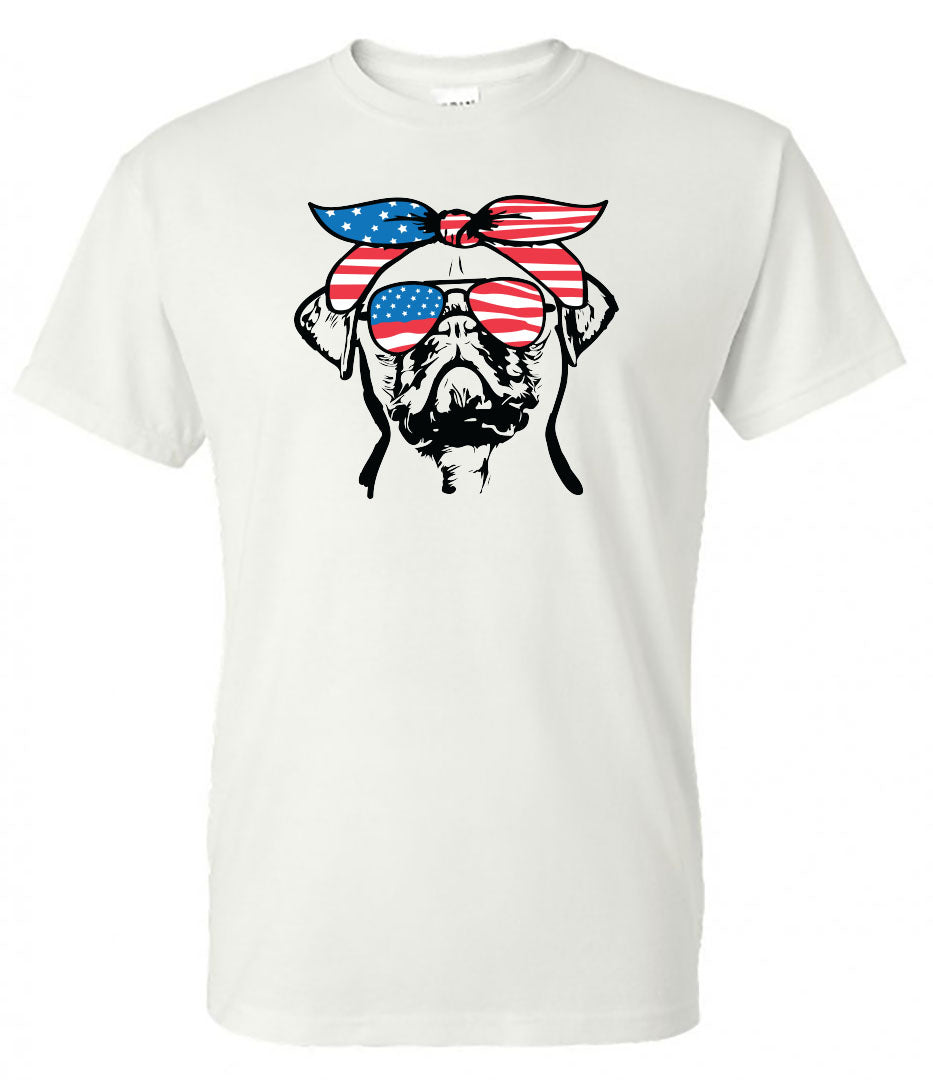 Pug with Flag Bandana & Glasses Tee - Southern Grace Creations