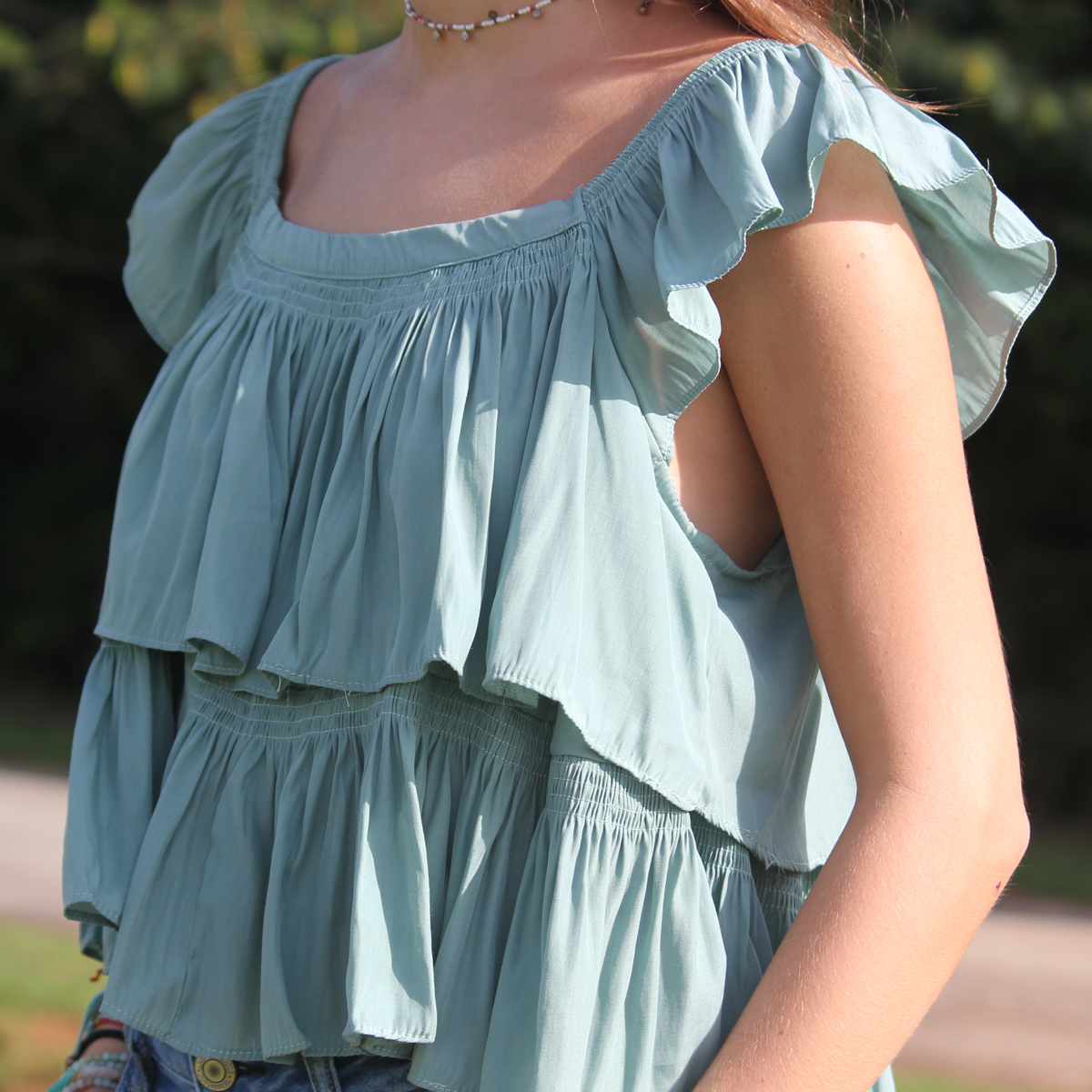 Ruffle Cropped Top - Green - Southern Grace Creations