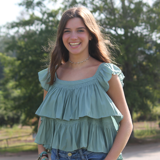 Ruffle Cropped Top - Green - Southern Grace Creations