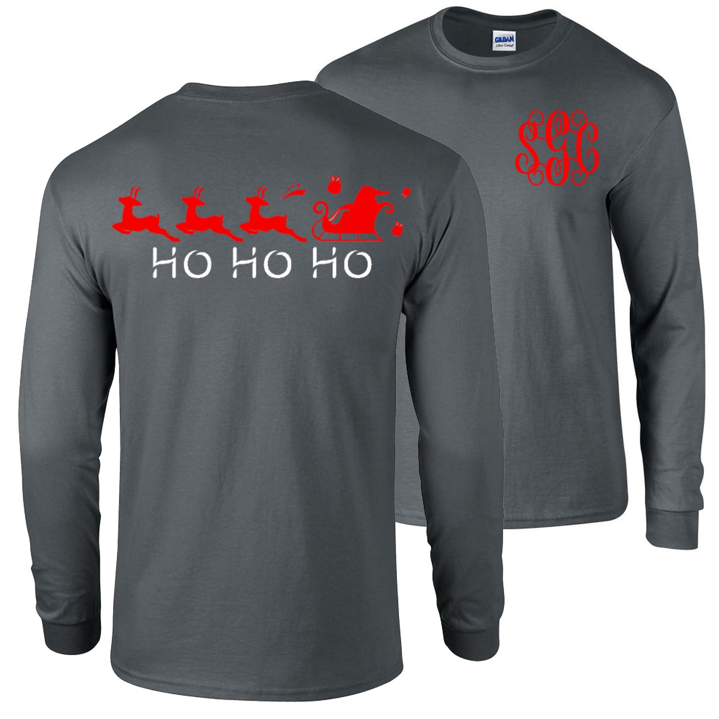 Santa Sleigh "Ho Ho Ho" Tee - Charcoal Longsleeves - Southern Grace Creations