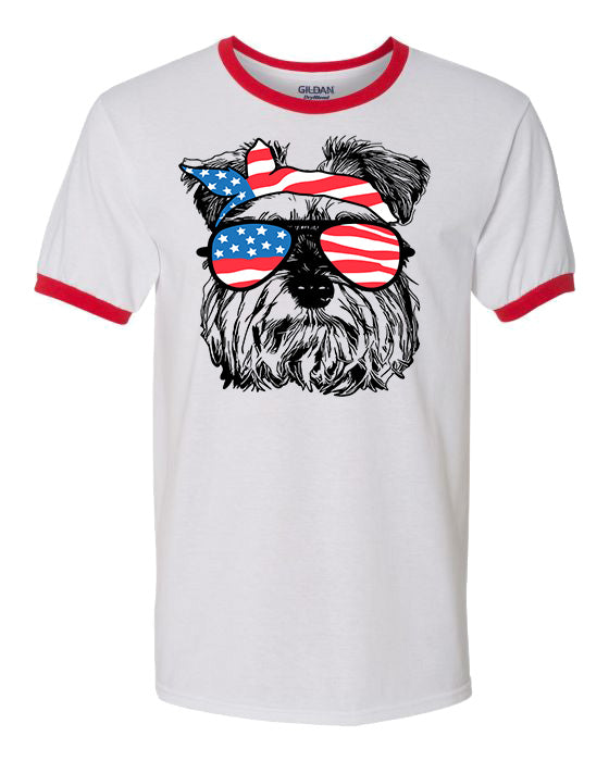 Schnauzer with Flag Bandana and Glasses Tee - Southern Grace Creations