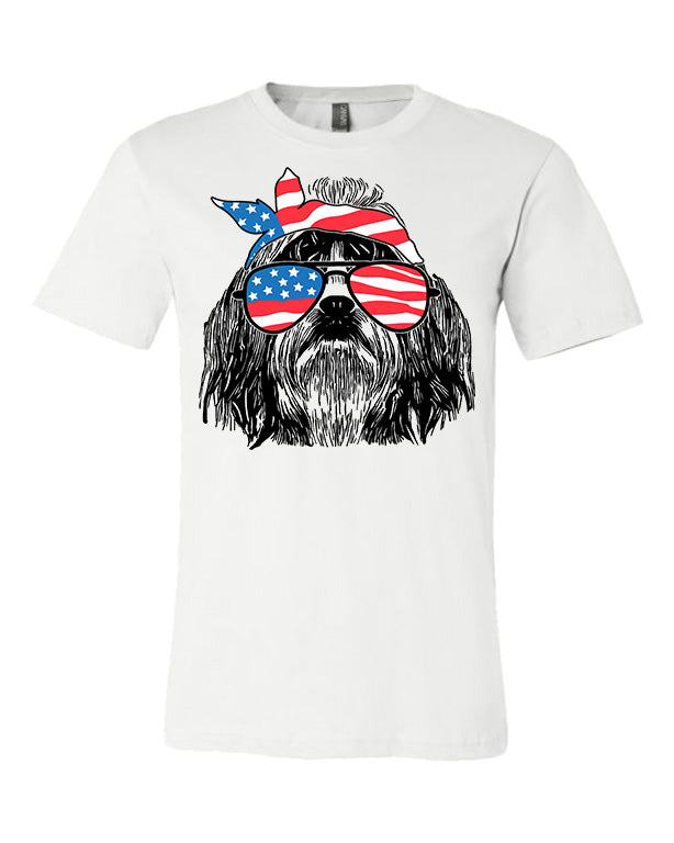 Shih Tzu with Flag Bandana and Glasses Tee - Southern Grace Creations